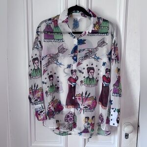 Women’s Vogue Sheer Frida Kahlo Flash Art Long Sleeve Button Front Blouse L
